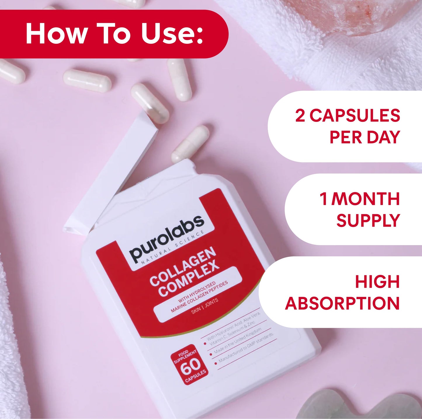 Purolabs Marine Collagen Complex - Collagen Supplement for Women & Men - with Hyaluronic Acid & Vitamin C - High Strength Type 1 Hydrolyzed Collagen Peptides - 60 Capsules - Skin, Hair & Nails