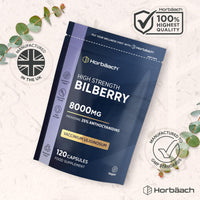 Horbäach Bilberry Extract 8,000mg | High Strength 25% Anthocyanidins | 120 Vegan Capsules | Vaccinium Uliginosum | Resealable & Recyclable Pouch | Horbaach