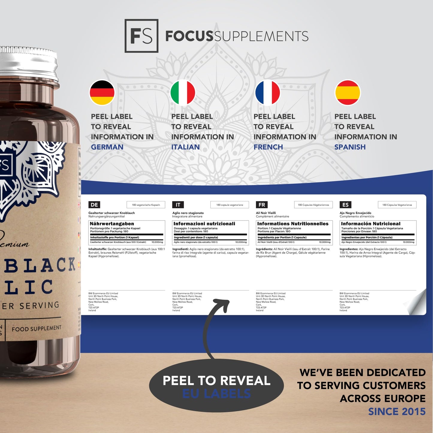 Focus FS Aged Garlic Extract | 180 Odourless Garlic Capsules - 10,000mg Extract per Serving | Aged Black Garlic Supplement | Garlic High Strength | Non-GMO, Gluten & Allergen Free | Made in The UK