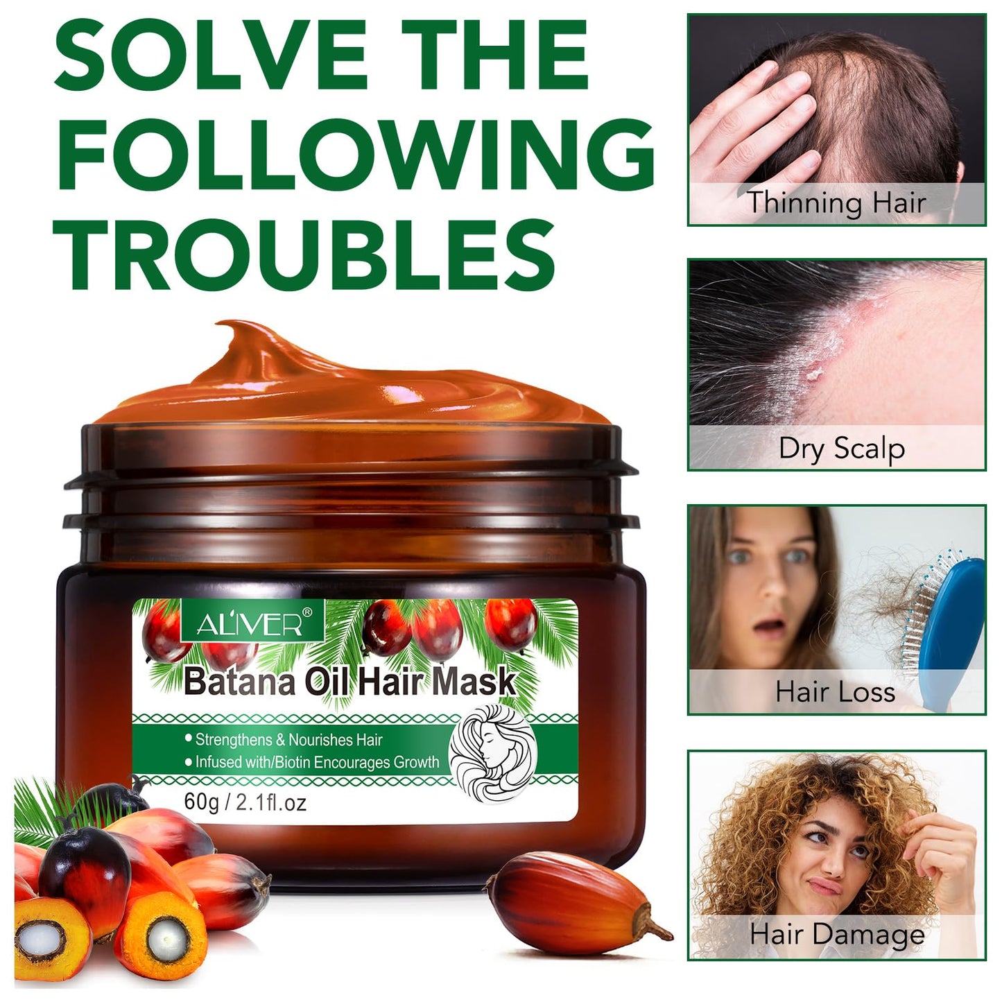 RoongDuuDll Batana Oil Hair Mask for Hair Growth, 100% Natural Hair Growth Oil, Batana Oil Organic Prevent Hair Loss with Rosemary and Biotin, Helps with Frizz, Split Ends, Texture & Shine for Men & Women - 60g