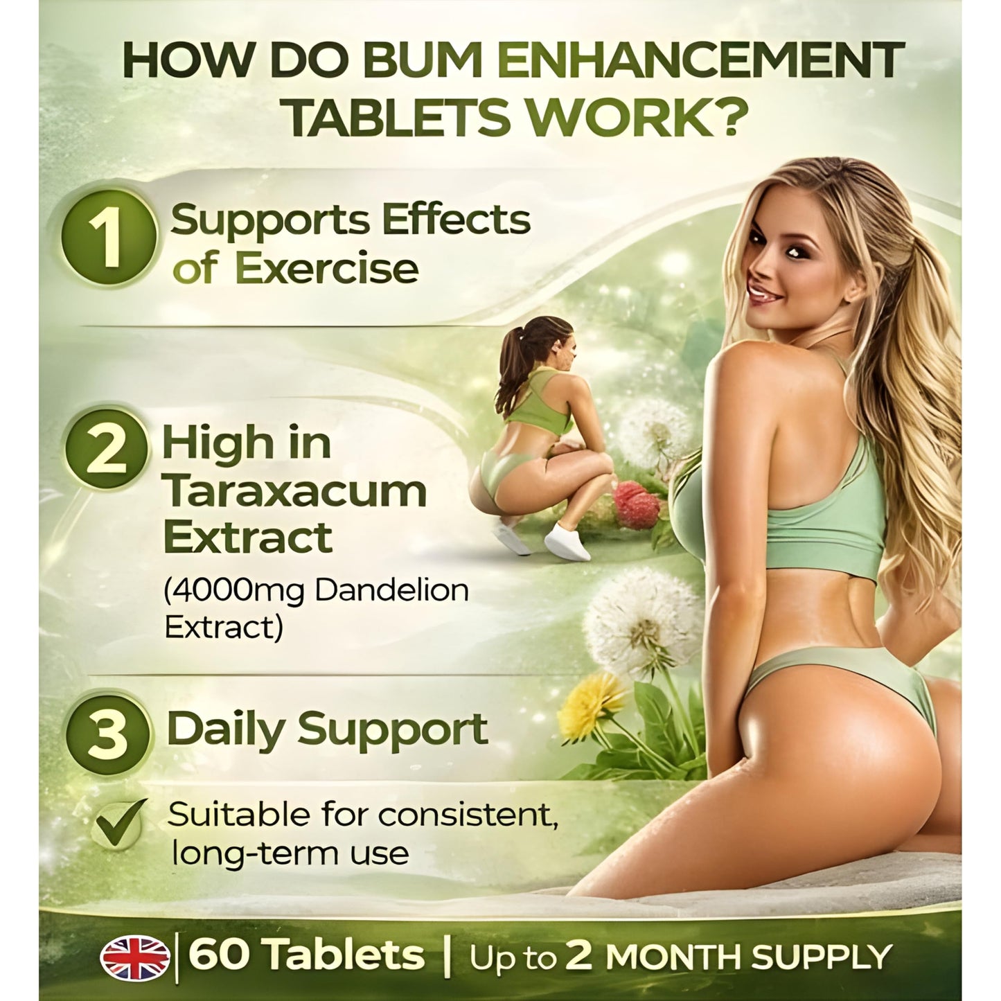 MoovWell PHARMA Bum Enhancement Tablets for Women – 60 Tablets, 4000MG Taraxacum Officinale – UK Made Bum Enlargement Supplement