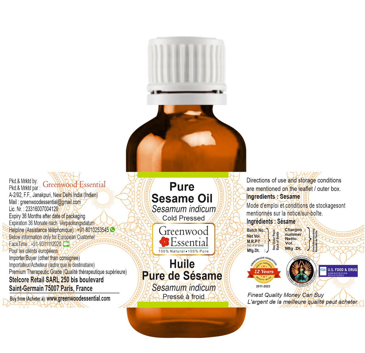 Greenwood Essential Pure Sesame Oil (Sesamum indicum) Cold Pressed 5ml (0.16 oz)