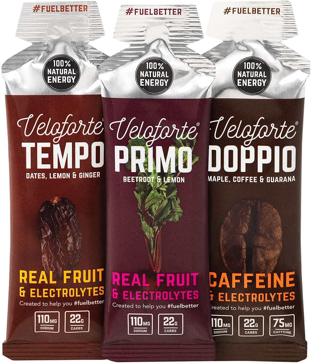 Veloforte Mixed Energy Gel Pack with Fast Releasing Energy, 100% Natural & Delicious Energy Gels with 22g of Natural Energy, Tempo, Doppio & Primo Flavour (9 Pack)