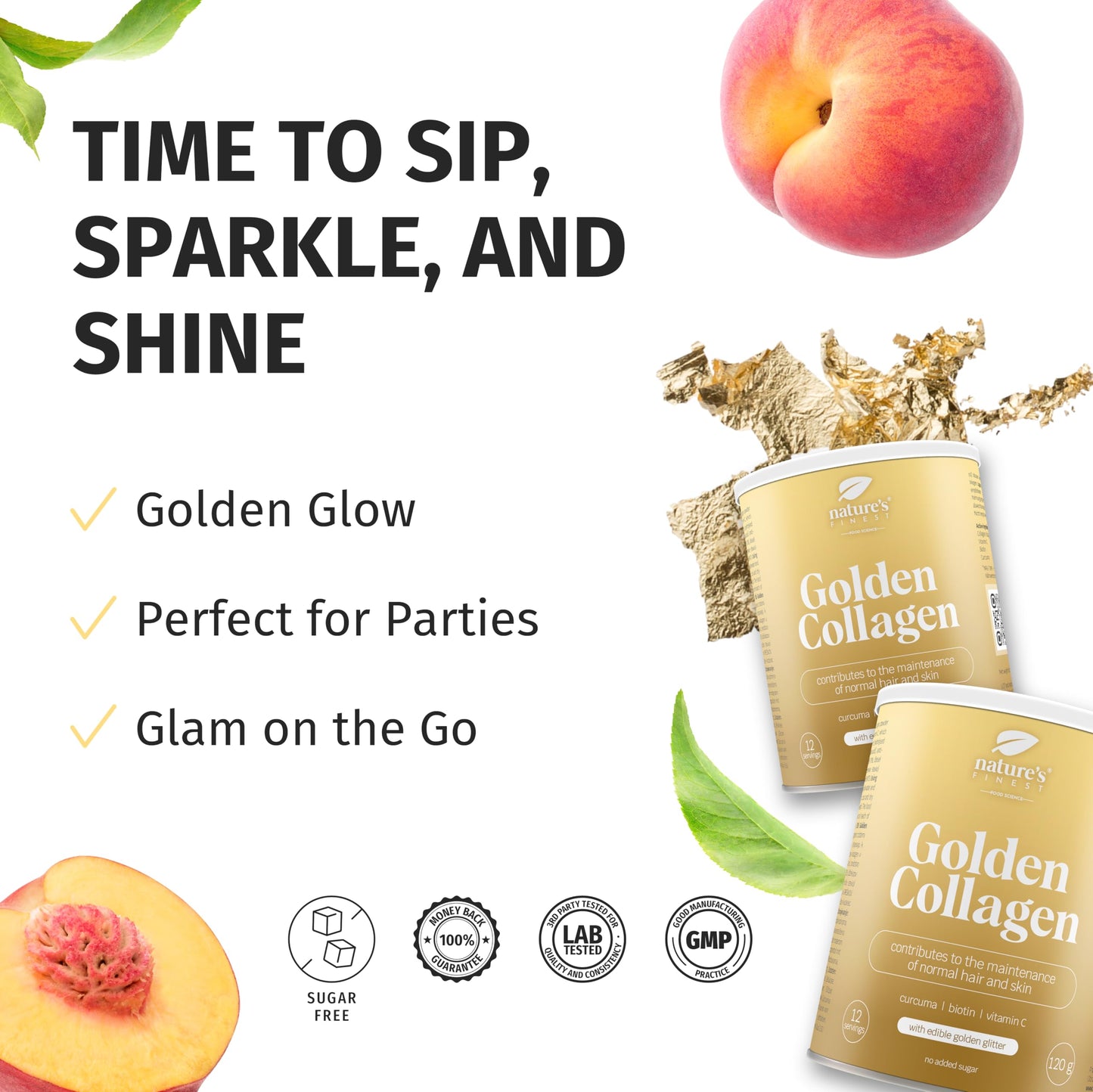 Nature’s Finest by Nutrisslim Golden Collagen 120 g - Collagen Supplements for Women with Gold Glitter - High Strength Hydrolyzed Bovine Collagen Powder Type 2 with Biotin, Vitamin C and Curcuma