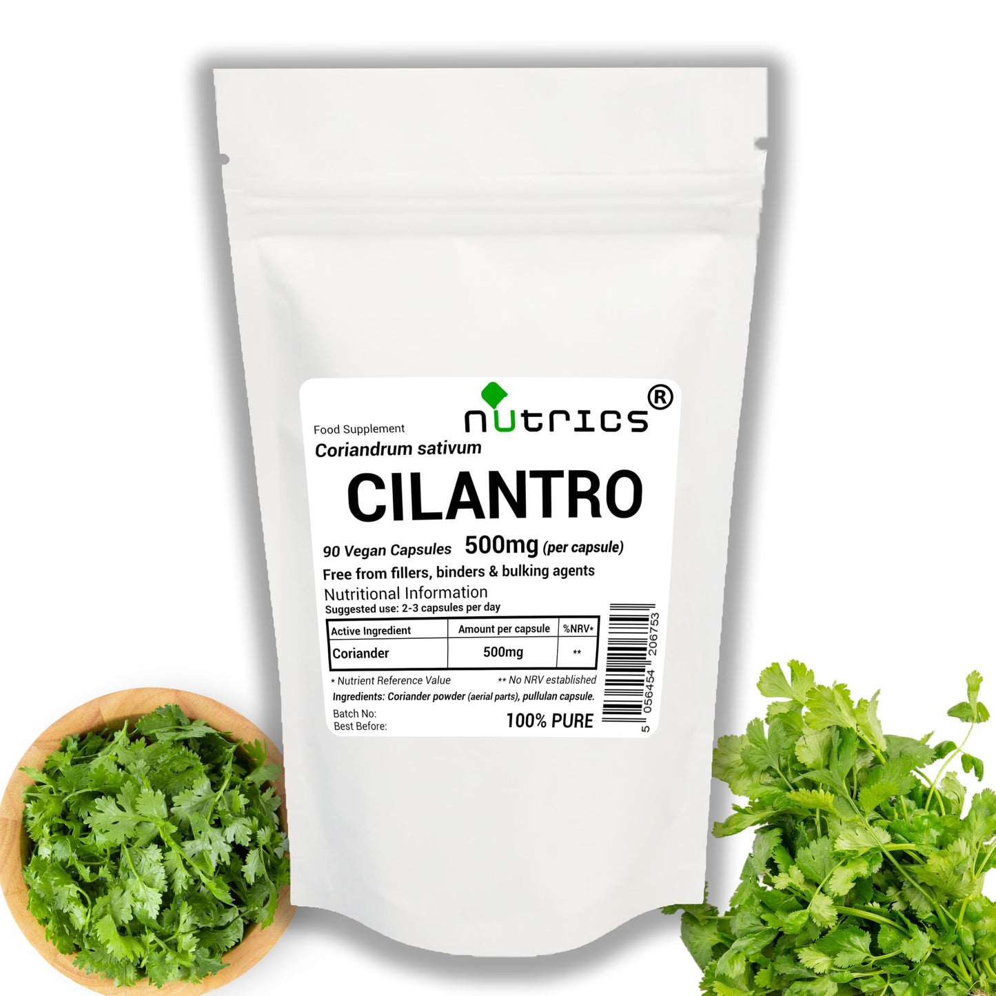 Nutrics® 500mg (per Capsule) Cilantro Coriander 90 V Capsules (1 Month Supply) Free from fillers, Binders & Bulking Agents - Suitable for Vegan Vegetarian Diet