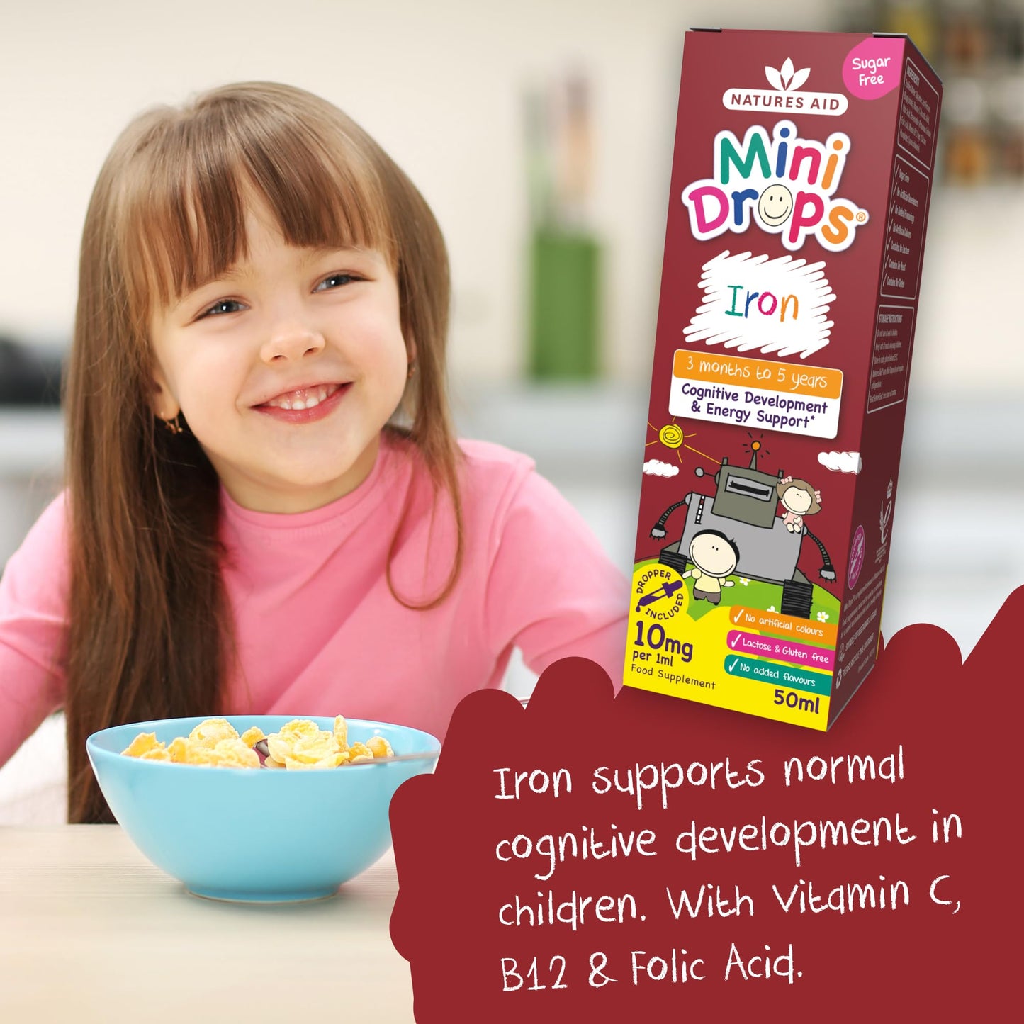 Natures Aid Mini Drops Iron for Kids 50ml – Supports Cognitive Development & Energy – Gluten & Sugar Free Vegan Non-GMO – Natural Supplement for Babies & Children Age 0-5 Years Old - Dropper Included