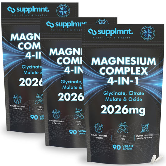 supplmnt. Supplmnt. Magnesium Glycinate 4-in-1 Complex - 2026mg Supplements as Bisglycinate, Citrate, Malate & Oxide 270 Vegan Capsules, Triple High Absorption 449mg Elemental, UK Made