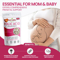 Red Label Health Folic Acid Tablets 400 mcg - 200 Vegan Vitamin B9 Tablets Pregnancy Care - Normal Function of Immune System & Maternal Tissue Growth During Pregnancy - Made in The UK