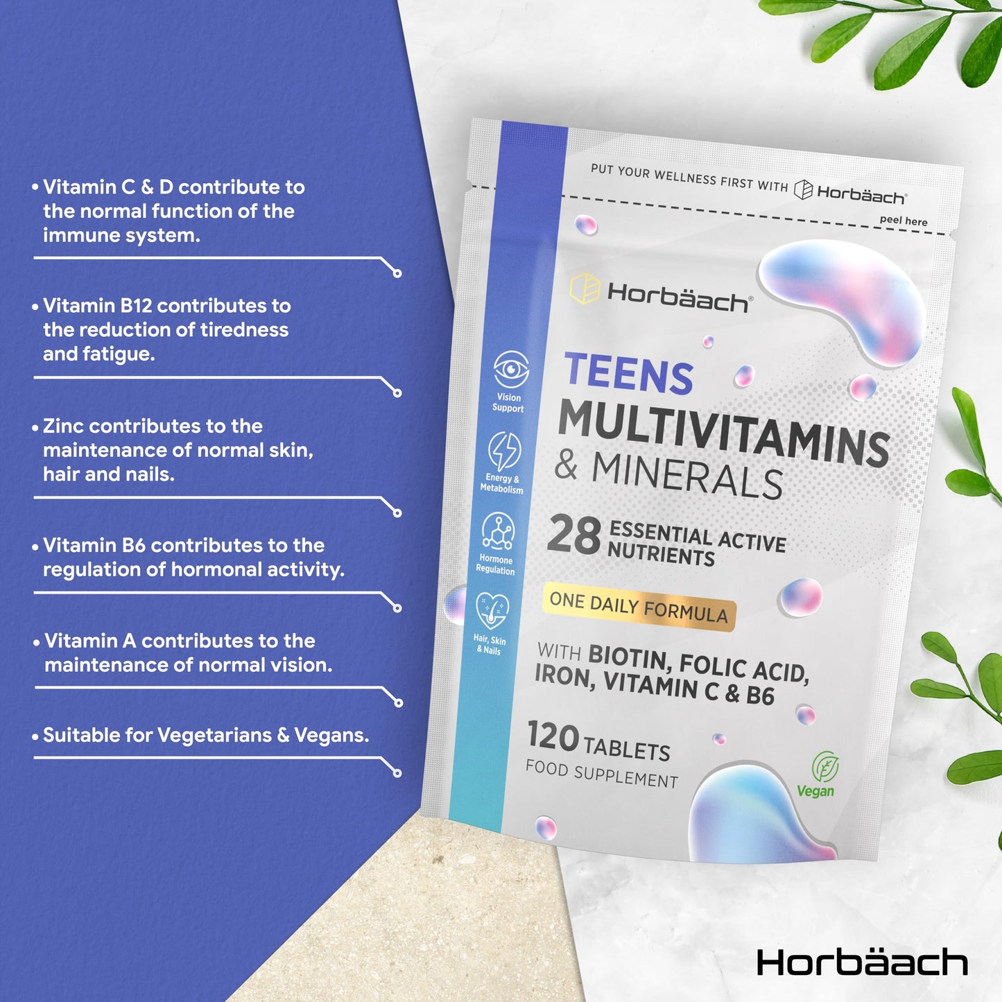 Horbäach Teen Multivitamin | 120 Vegan Tablets | One-a-Day Formula | 28 Nutrients with Biotin, Folic Acid, Iron, Vitamin C & B6 | Multivitamin Support for Teenage Boys & Girls | By Horbaach