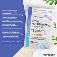 Horbäach Teen Multivitamin | 120 Vegan Tablets | One-a-Day Formula | 28 Nutrients with Biotin, Folic Acid, Iron, Vitamin C & B6 | Multivitamin Support for Teenage Boys & Girls | By Horbaach