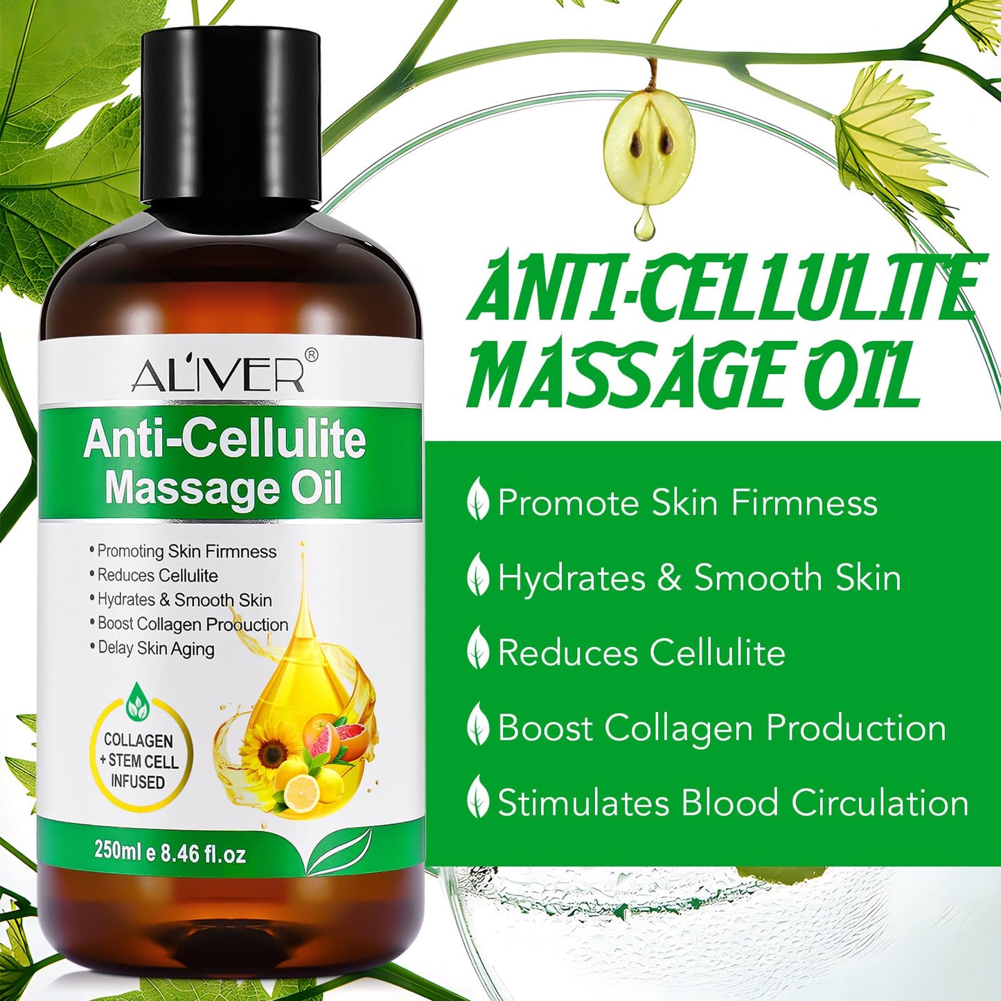 Anti Cellulite Massage Oil 250ml, Natural Anticellulite Oil for Revitalised Skin, Firming Body Oil Massage Oil Improves Skin Firmness for Men Women