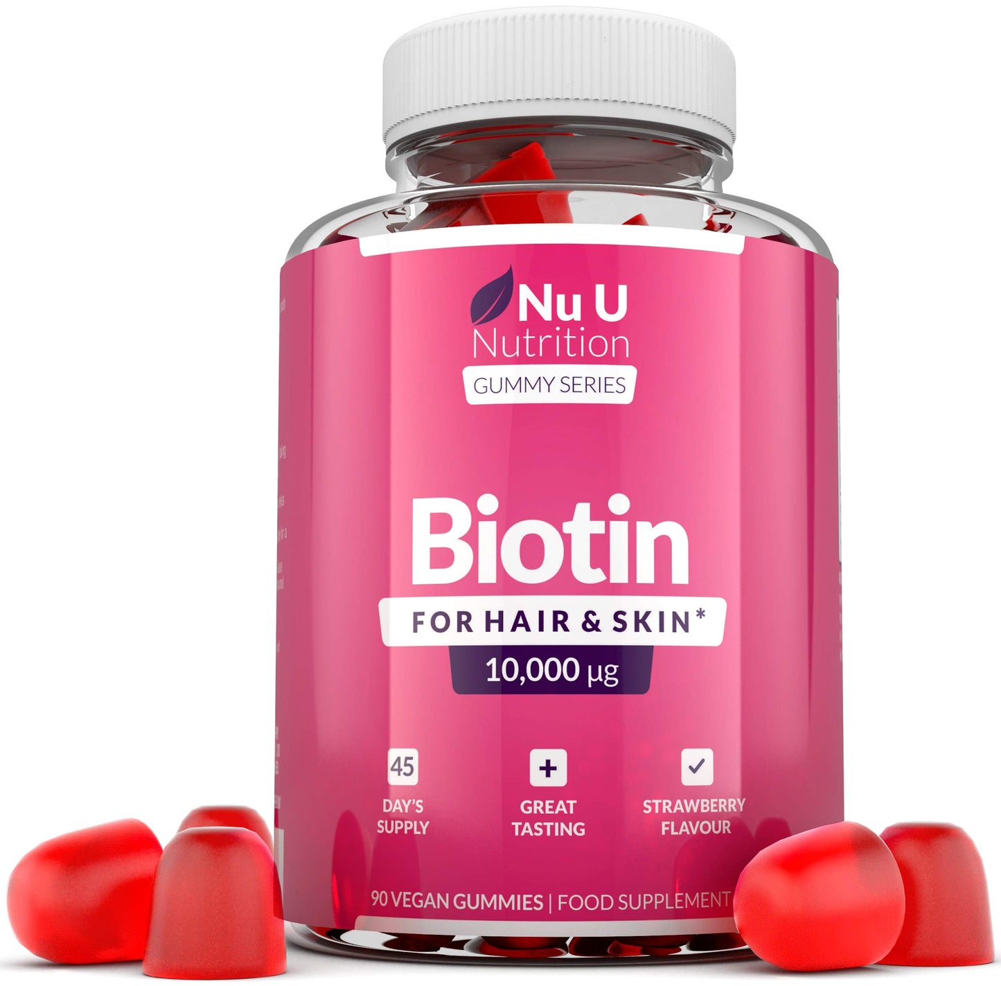 Biotin Hair Gummies 10,000mcg - 90 Vegan Gummies - 45 Day Supply - Strawberry Flavour - Supports Normal Skin & Hair Growth - Chewable Hair Vitamins