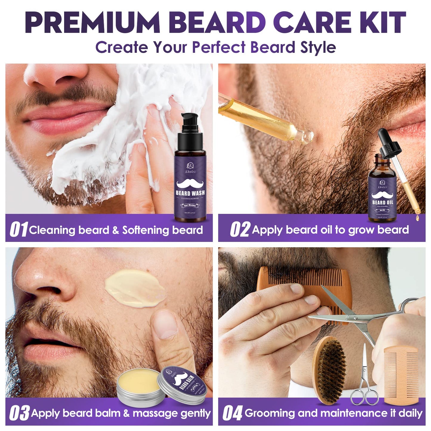 KHOLEZ Beard Grooming Kit, Beard Growth Kit w/2 Beard Oil/Beard Wash/Beard Balm/Beard Comb/Beard Brush/Scissors/Beard Shaper,Storage Bag,Beard Care & Trimming Kit Beard Kit Father's Day Gifts for Men Him