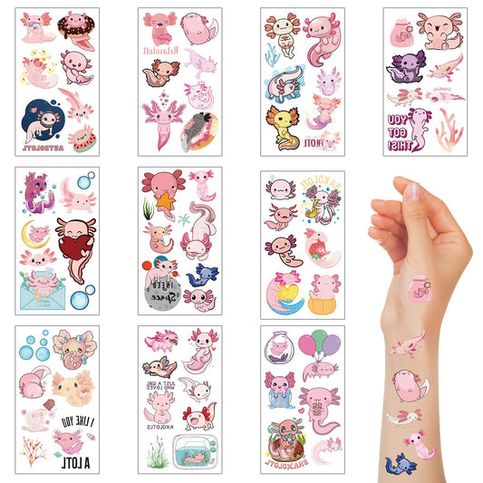 Boerni 10 Sheets Axolotl Temporary Tattoo for Kids,Pink Salamander Cute Animal Themed Waterproof Fake Tattoos Stickers for Halloween Christmas Birthday Girls Boys Gift Bag Fillers Party Favors