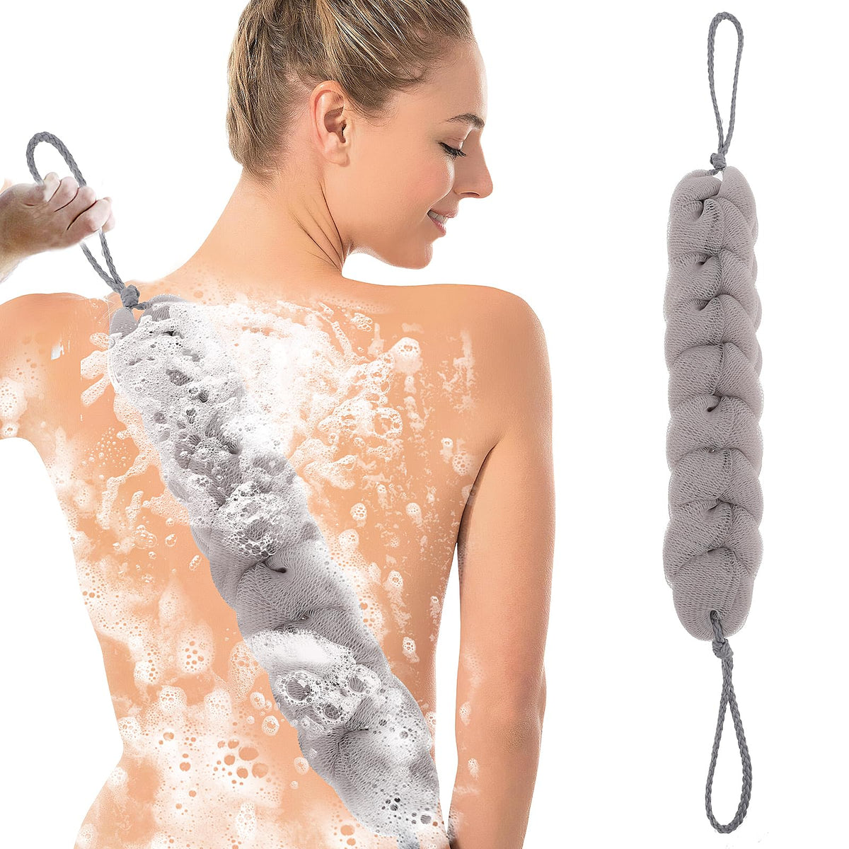 Sibba 1 PC Back Scrubber Shower Body Wash Sponge Loofah Bath Large Long Extended Puffs Stick Exfoliating Washing Removable Head Exfoliate Set Pack Mitts Soft Mesh Stretch Braided Strips Brush