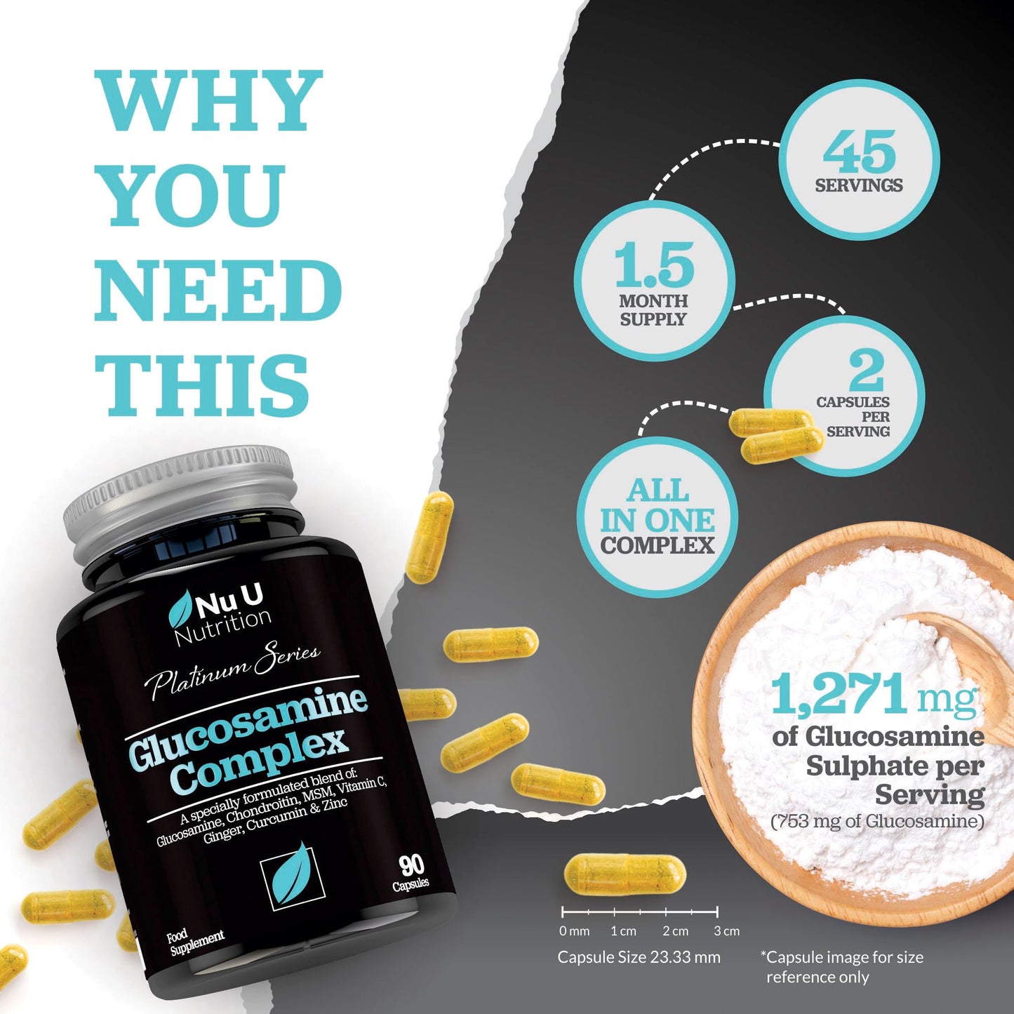 Glucosamine and Chondroitin High Strength Complex - 90 Glucosamine Sulphate Capsules - with Turmeric, MSM, Vitamin C, Zinc & Ginger - Joint Care Supplements for Men & Women - Nu U Nutrition