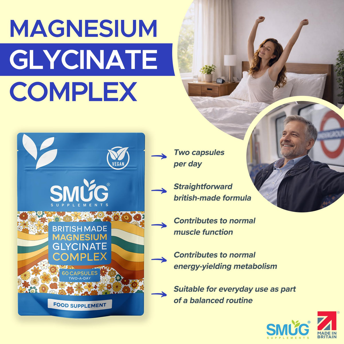 Magnesium Glycinate 5-in-1 Complex – 1850mg Blend – 347.5mg Elemental – 60 Vegan Capsules with Zinc 10mg & Vitamin B6 25mg – Made in Britain – SMUG Supplements