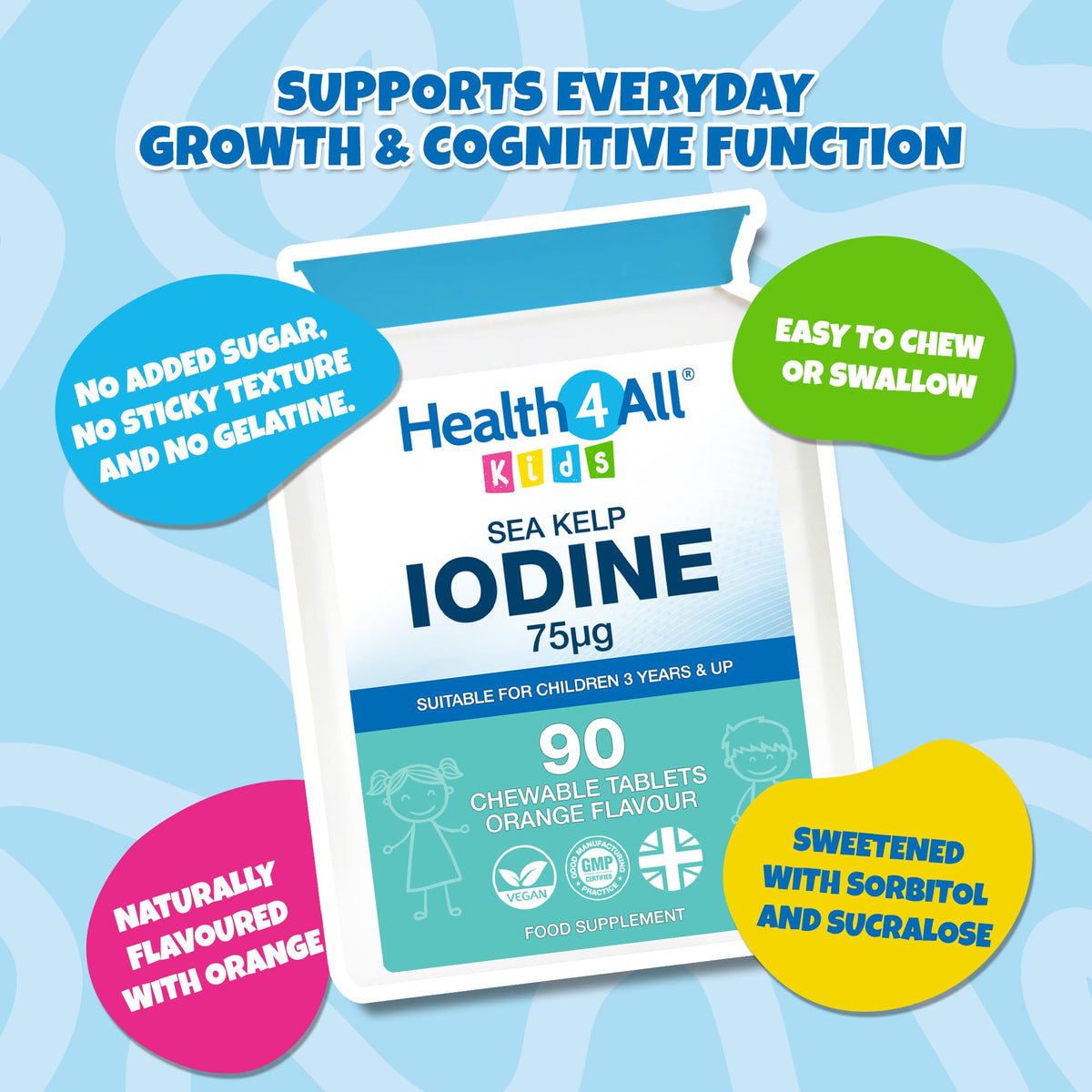 Health4All Kids Sea Kelp Iodine 75mcg 90 Chewable Tablets, Supports Learning & Growth