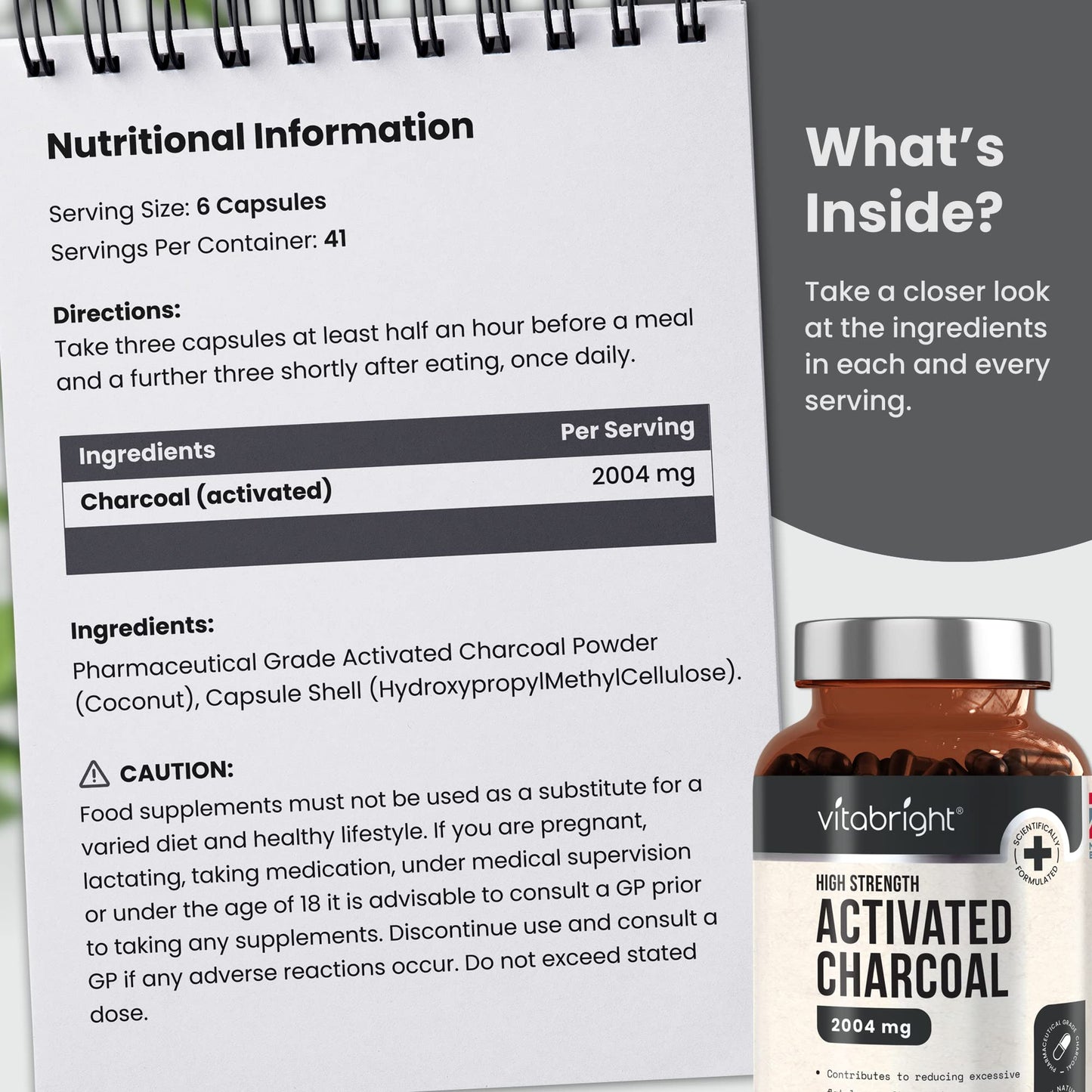 Activated Charcoal Capsules - 250 Capsules - 2004mg per Serving of 6 Capsules - from Natural Coconut Shell - for Indigestion, Bloating, Excessive Flatulence, Gas - Vegan - Made in UK by VitaBright