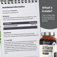 Activated Charcoal Capsules - 250 Capsules - 2004mg per Serving of 6 Capsules - from Natural Coconut Shell - for Indigestion, Bloating, Excessive Flatulence, Gas - Vegan - Made in UK by VitaBright