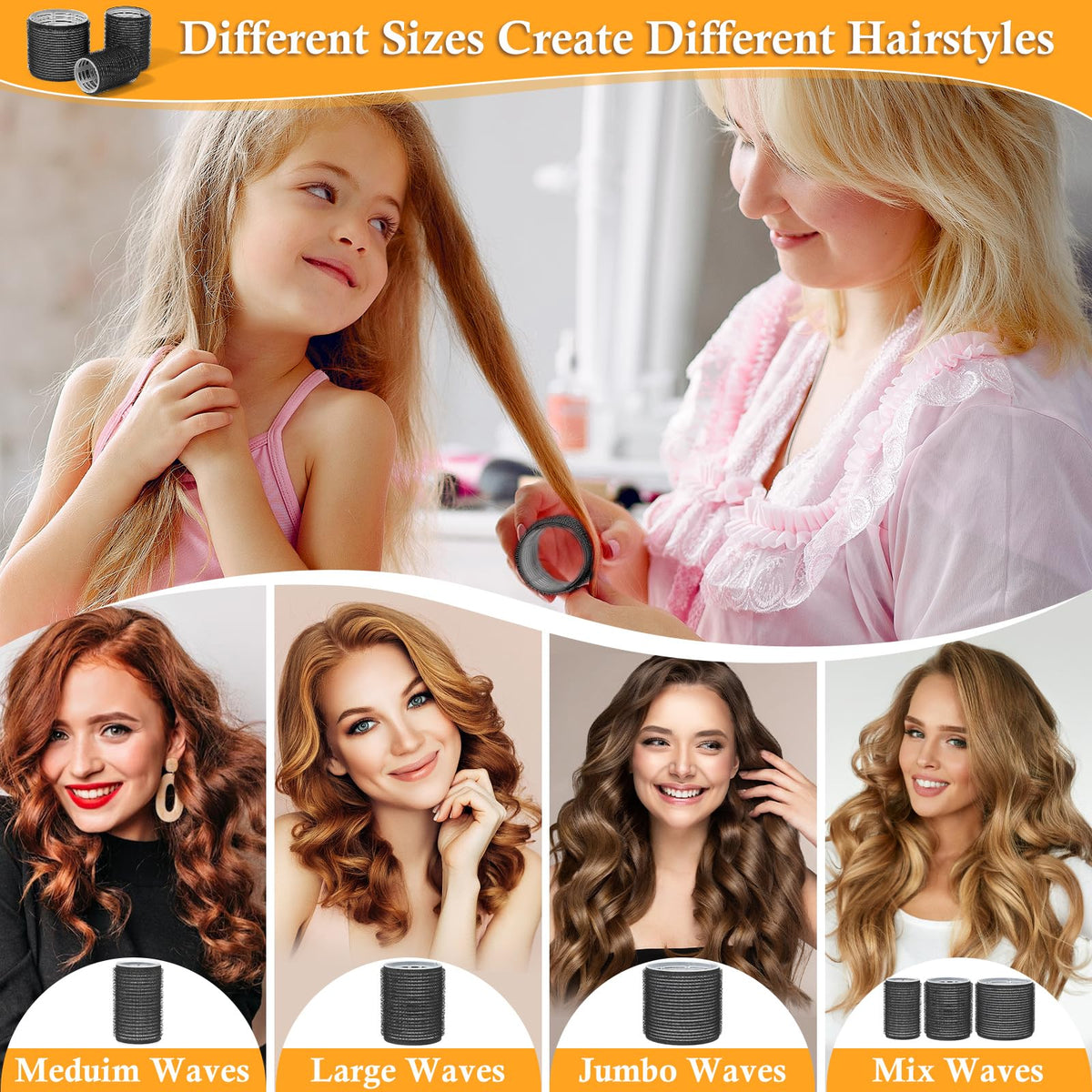Thrilez 39PCS Hair Curlers Rollers with Clips Black Hair Roller with 3 Sizes 64mm 44mm 33mm, Jumbo Roller with 12PCS Duckbill Clips Hair Rollers for Long Medium Short Thick Fine Volume Bangs