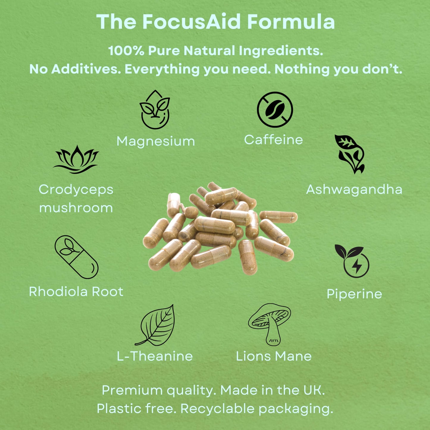 DailyAid FocusAid - Natural Energy Supplement - Nootropics Brain Supplement for Mental Focus & Cognitive Support, Lions Mane Supplement, Caffeine Tablet, Natural Brain Booster - 60 Capsules, Month Supply