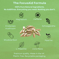 DailyAid FocusAid - Natural Energy Supplement - Nootropics Brain Supplement for Mental Focus & Cognitive Support, Lions Mane Supplement, Caffeine Tablet, Natural Brain Booster - 60 Capsules, Month Supply