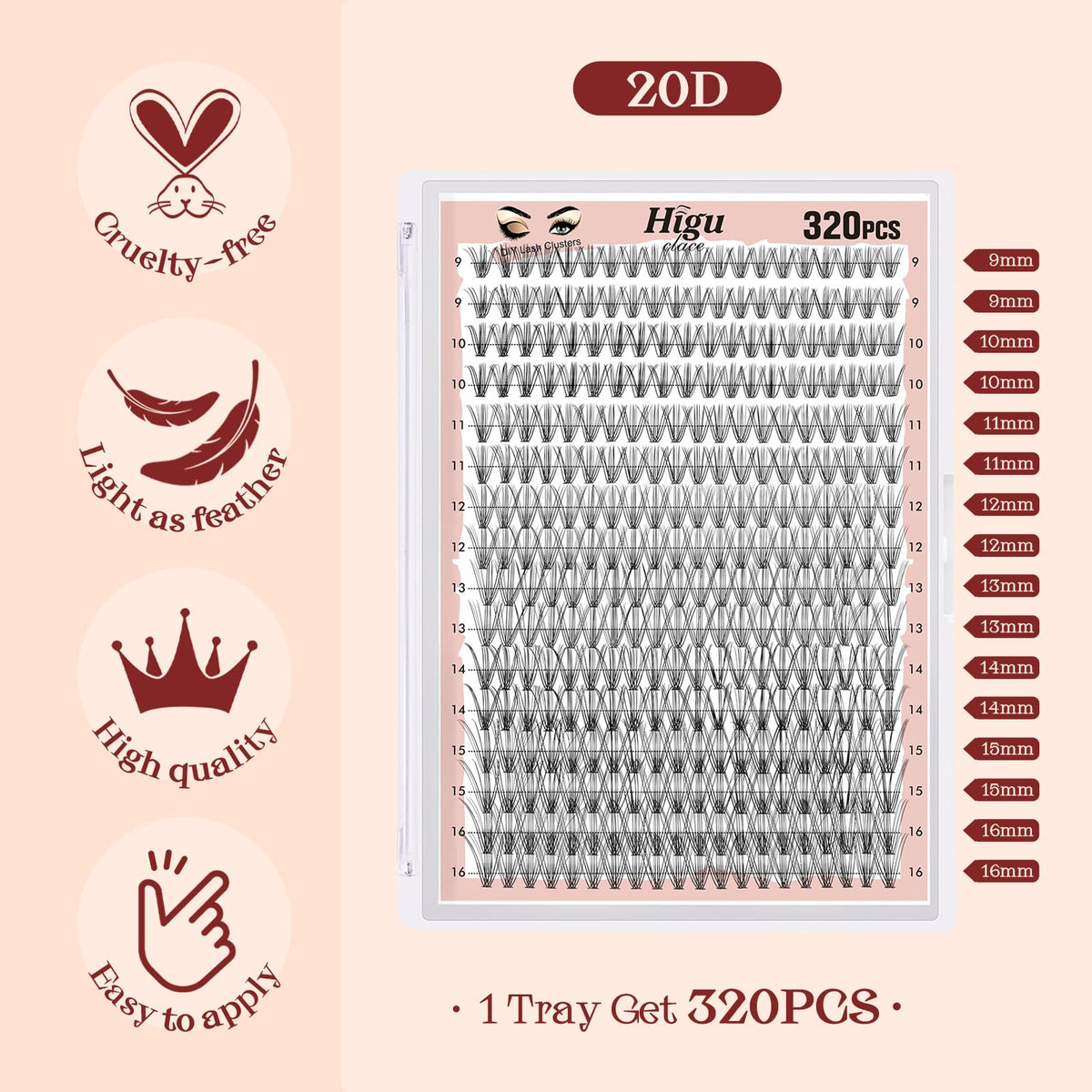 Higu clace Individual Lashes Cluster 320pcs, C curl Lash Clusters 20D DIY Individual Eyelashes 9-16mm Mixed,Wispy Lash Extension Clusters Reusable False Lashes Clusters(20D Ccurl 9-16mm)