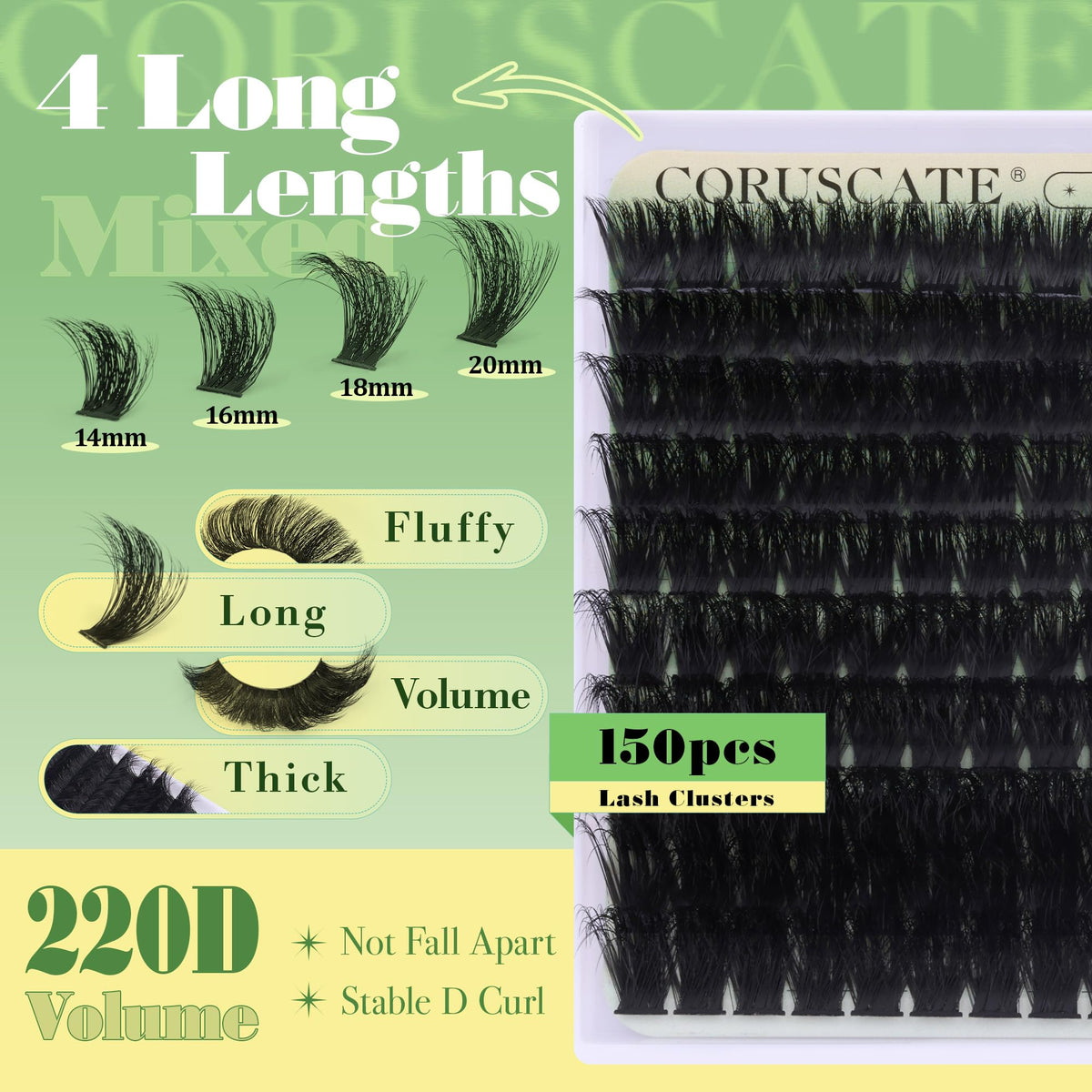 Long Cluster Lashes Thick Fluffy Individual Eyelashes 14-20 mm Lashes Individual Cluster Volume Lash Clusters Full Look Individual Lashes D Curl Tatti Lashes DIY Eyelash Clusters by CORUSCATE