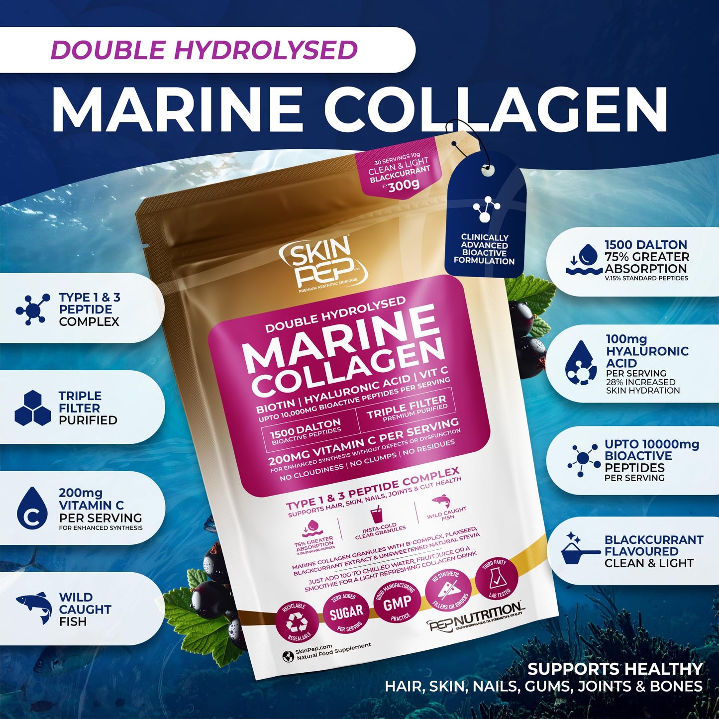 Premium Hydrolysed Marine Collagen Peptide Powder + VIT C, B Complex Hyaluronic Acid, & Stevia. Delicious Taste/No Fishy Smell - SkinPep® Collagen Re-Nu 70g
