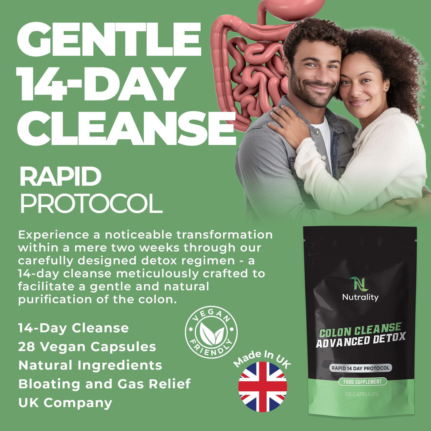 Nutrality Colon Cleanse Advanced Detox Supplement | 14-day Rapid Protocol for a Healthier You | Laxative for Constipation Relief, Stool Softener 100% Natural | Vegan | 28 Capsules