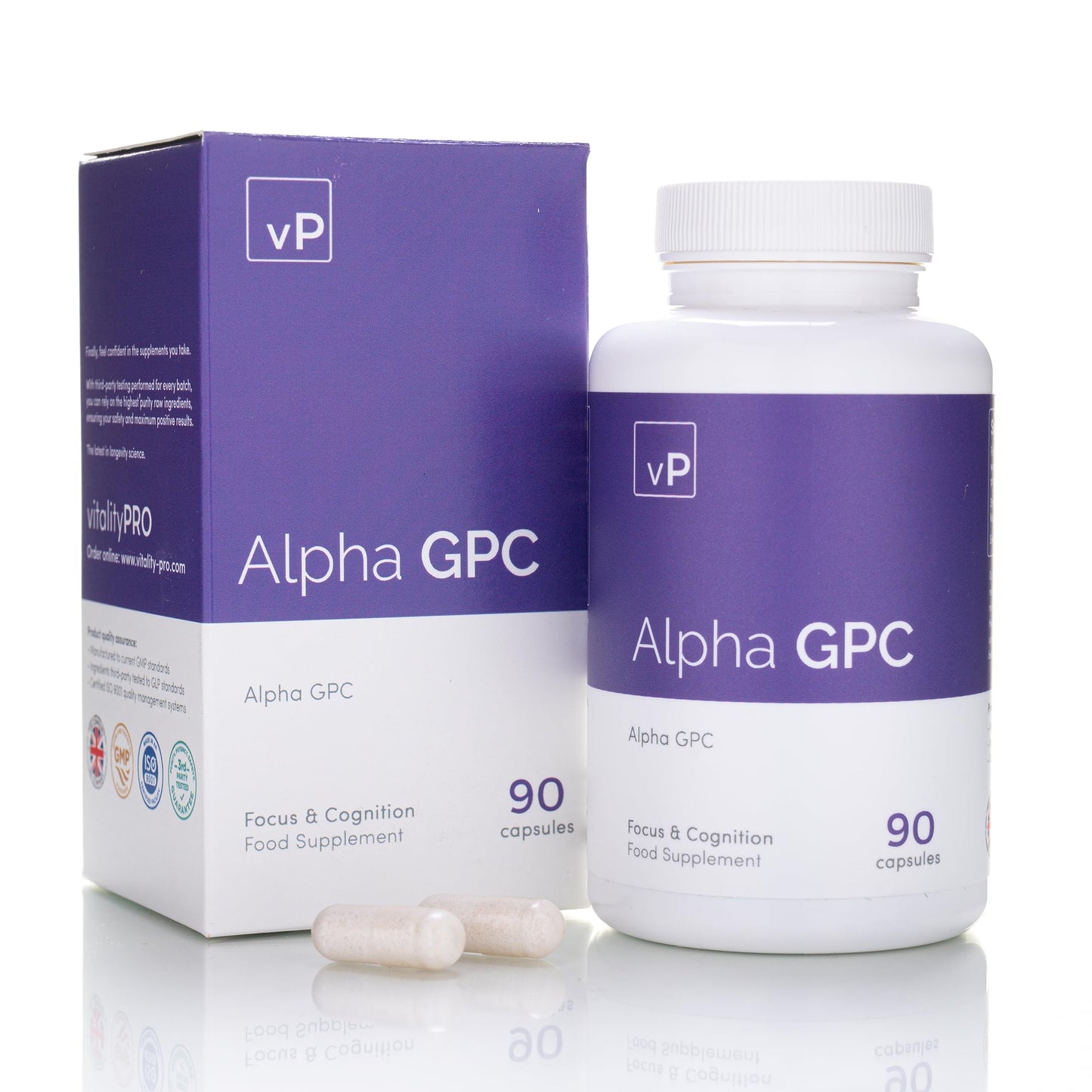 vP Vitality Pro Alpha GPC 300mg x 90 Capsules - Over 99% Purity and 40% Choline Third Party Tested - L-Alpha-Glycerylphosphorylcholine Supplement - Vitality Pro
