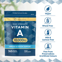Vitamin A 10000 IU | 365 Tablets | Vitamin A as Retinol Acetate | High Strength | One Years Supply | Vegan and Vegatarian | by Carlyle