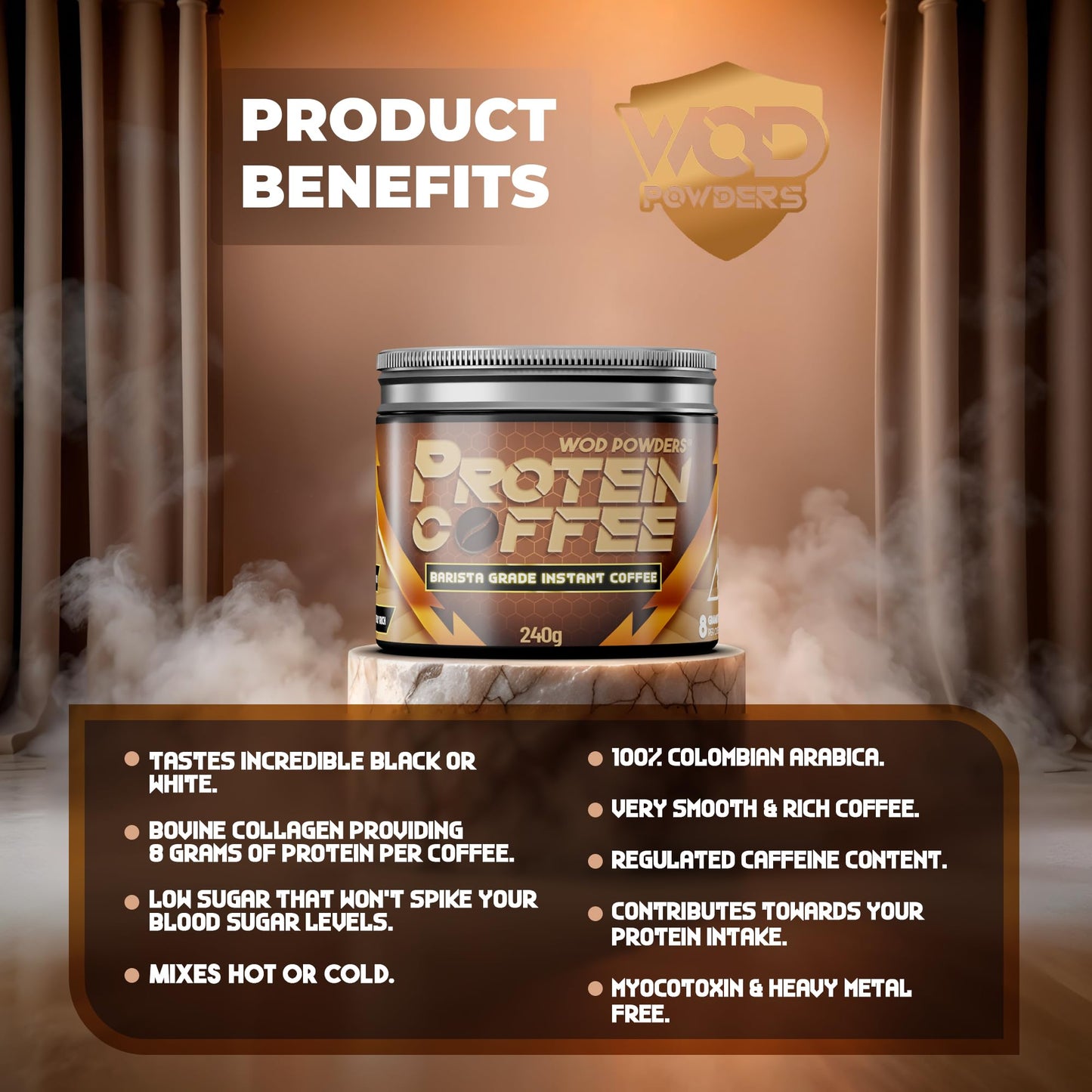 Protein Coffee | Barista Grade Freeze Dried Instant Coffee with Grass-Fed Bovine Collagen Powder | 240g Tub with Scoop | TrueStart® Coffee with Hydrolysed Collagen - Made in the UK by WOD Powders