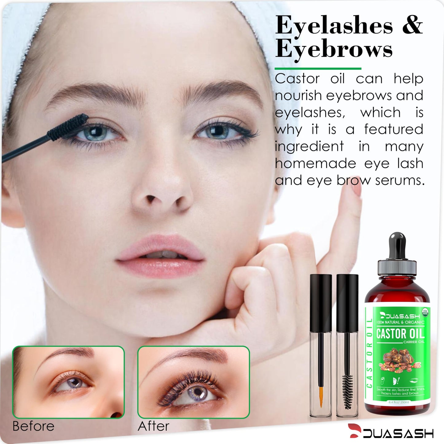 DUASASH Duasash Organic Castor Oil for Eyelashes and Eyebrows 250ml Cold Pressed Castor Oil for Hair Growth Undiluted Hexane Free 100% Natural and Pure Castor Oil for Skin with Brushes For Hair, Beard, Nails