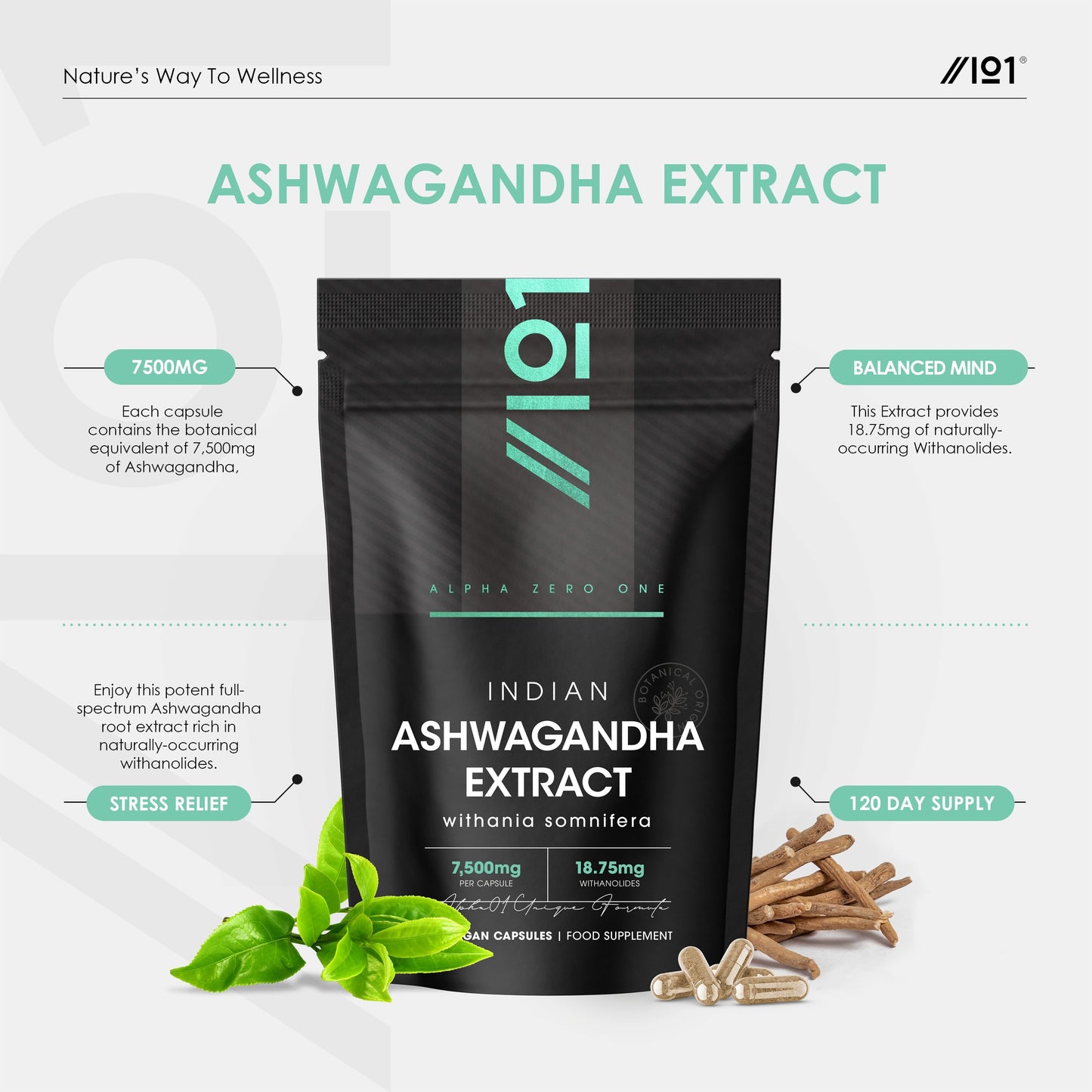 ALPHA01 Ashwagandha Extract 7500mg - 5% Withanolides (18.75mg) - 120 Vegan Capsules - Made with BioPerine® Black Pepper for Higher Bioavailability (4 Month Supply) by Alpha01