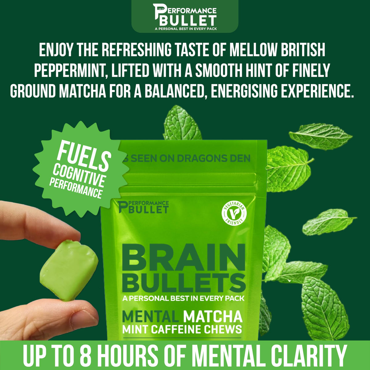 Caffeine Bullet 160mg L-Theanine + 80mg Caffeine Chews – Mint Matcha Flavour, Increases Productivity, Mental Clarity, Alertness | 4 Pack - 16 Servings | Brain Bullet | Energy Gummy & Focus Supplement Upgrade