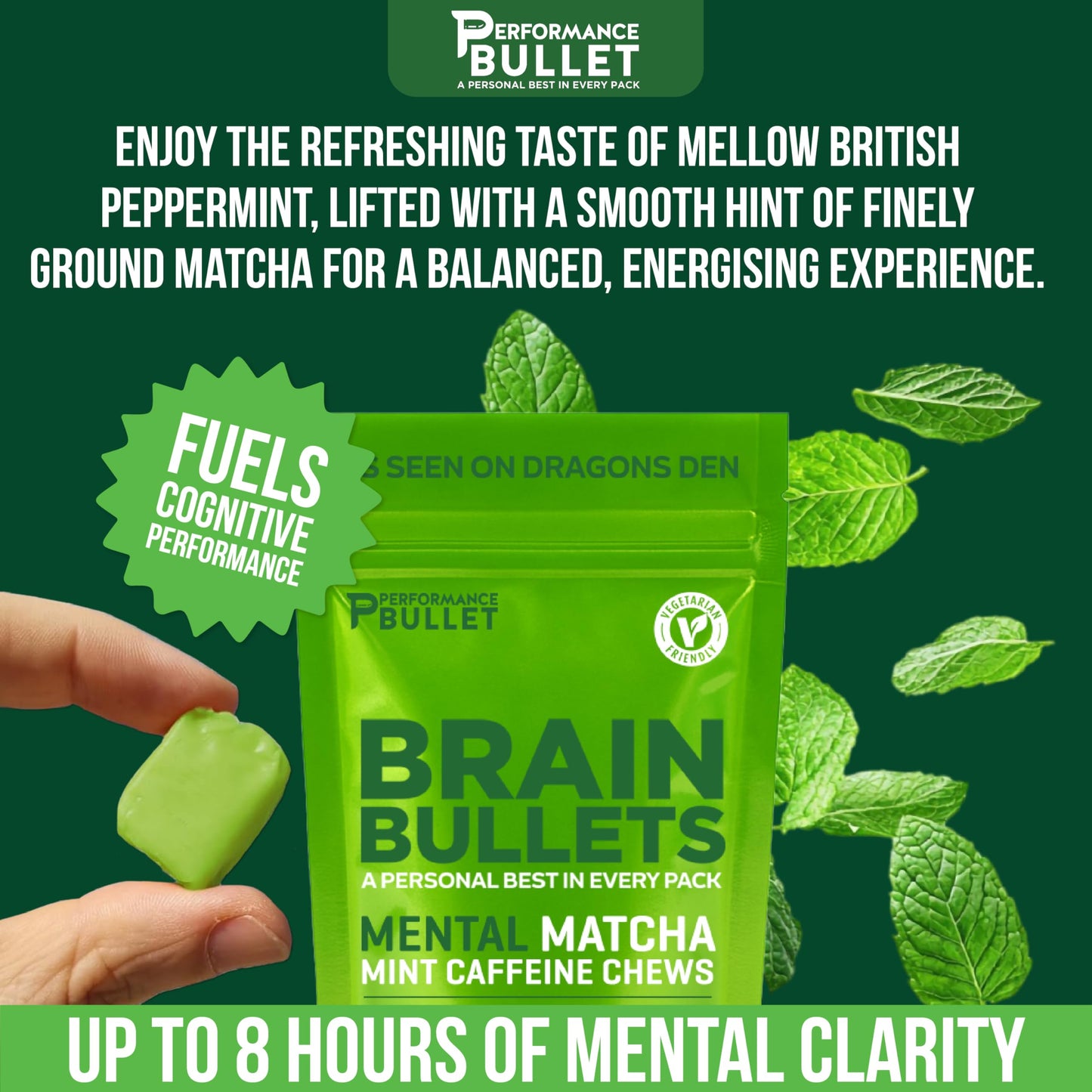 Caffeine Bullet 80mg Caffeine & 160mg L-Theanine Chews | Mint Matcha | 40 Servings