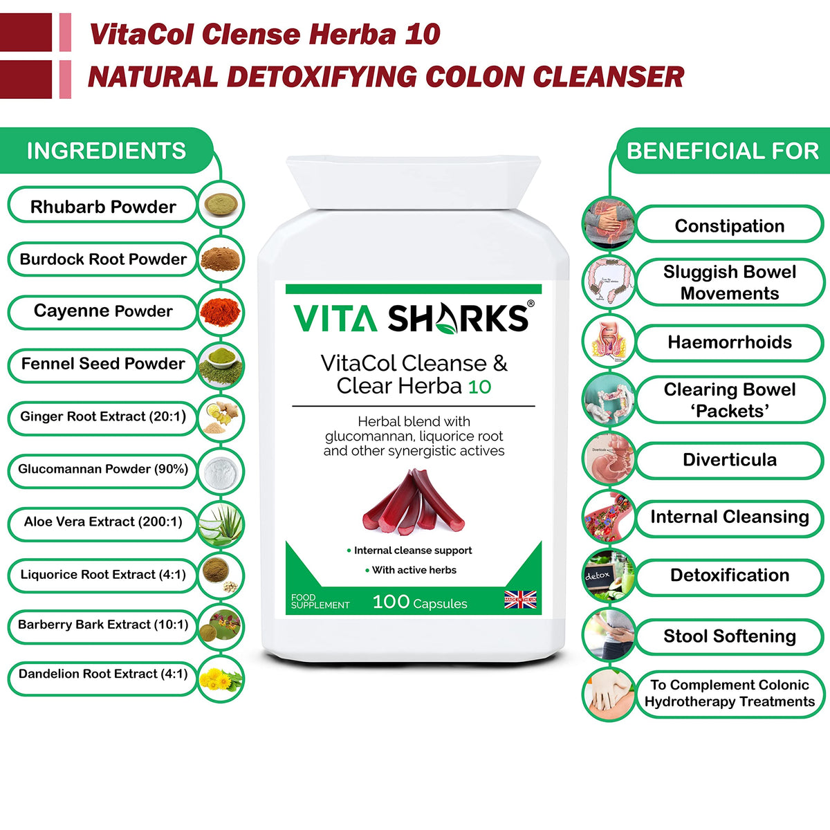 Vita Sharks VitaCol Cleanse & Clear Herba 10 | Natural Stool Softening Vegan Colon Detoxifying & Bowel Cleansing Formula. 10 Kosher, Herbal Ingredients for Faecal Regularity & Relieve Constipation