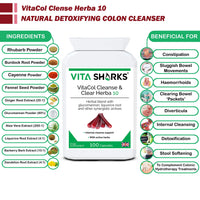Vita Sharks VitaCol Cleanse & Clear Herba 10 | Natural Stool Softening Vegan Colon Detoxifying & Bowel Cleansing Formula. 10 Kosher, Herbal Ingredients for Faecal Regularity & Relieve Constipation