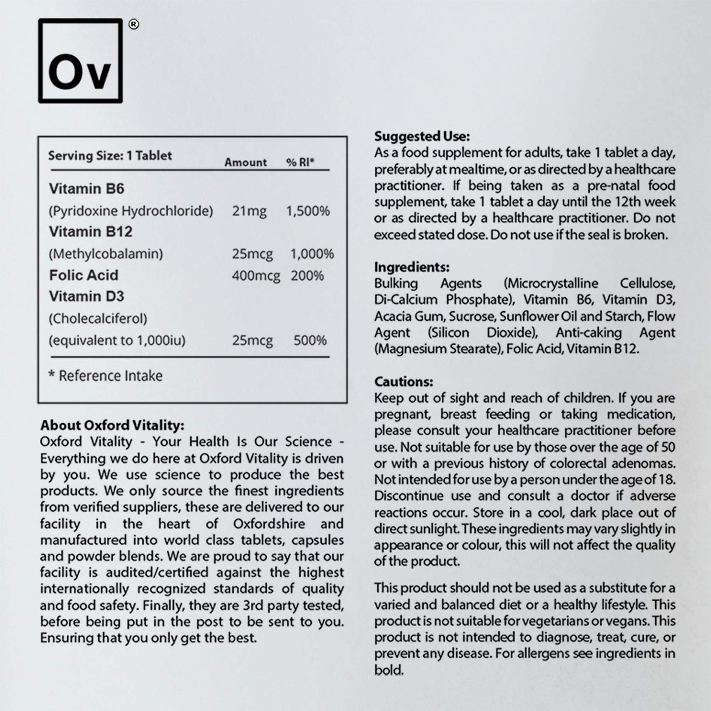 Neuro Vitamins | Natural Brain Support Supplement for Memory with Vitamin B6, B12, Folic Acid & D3 | Oxford Vitality