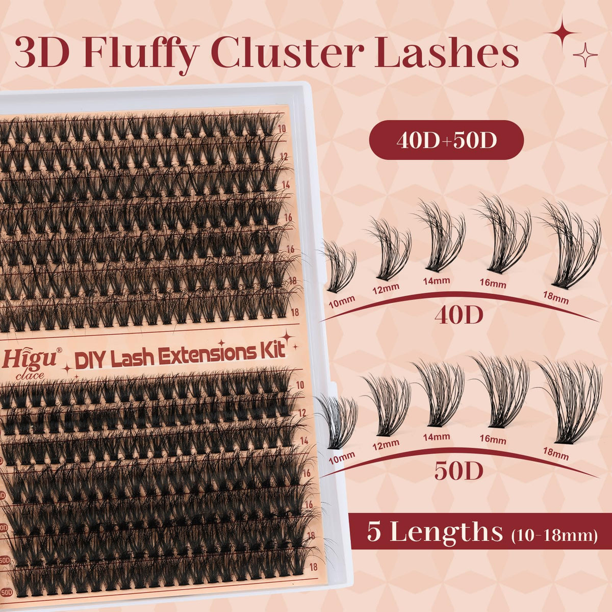 Cluster-Lashes Kit 40D+50D, Higu clace Eyelashes Individual Kit Mix 10-18mm Lashes Cluster Kit with Lash Bond and Seal and Lash Applicator, DIY Lash Extension Kit at Home (40D+50D 10-18mm)