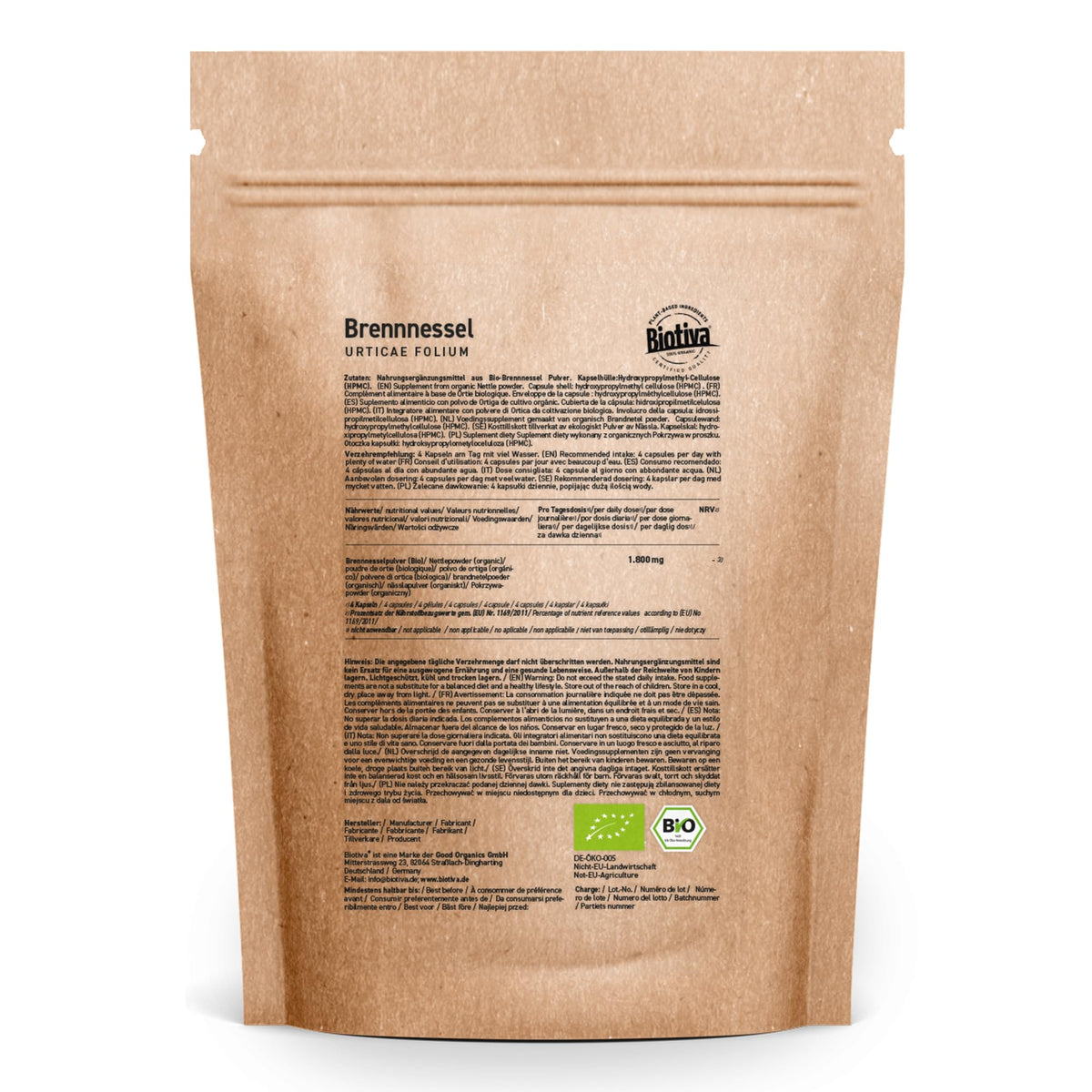 Organic Nettle 500 Capsules | 450mg per Capsule | Nettle Capsules | Urticae Folium | Highest Purity | Bottled and Checked in Germany | Vegan | Biotiva