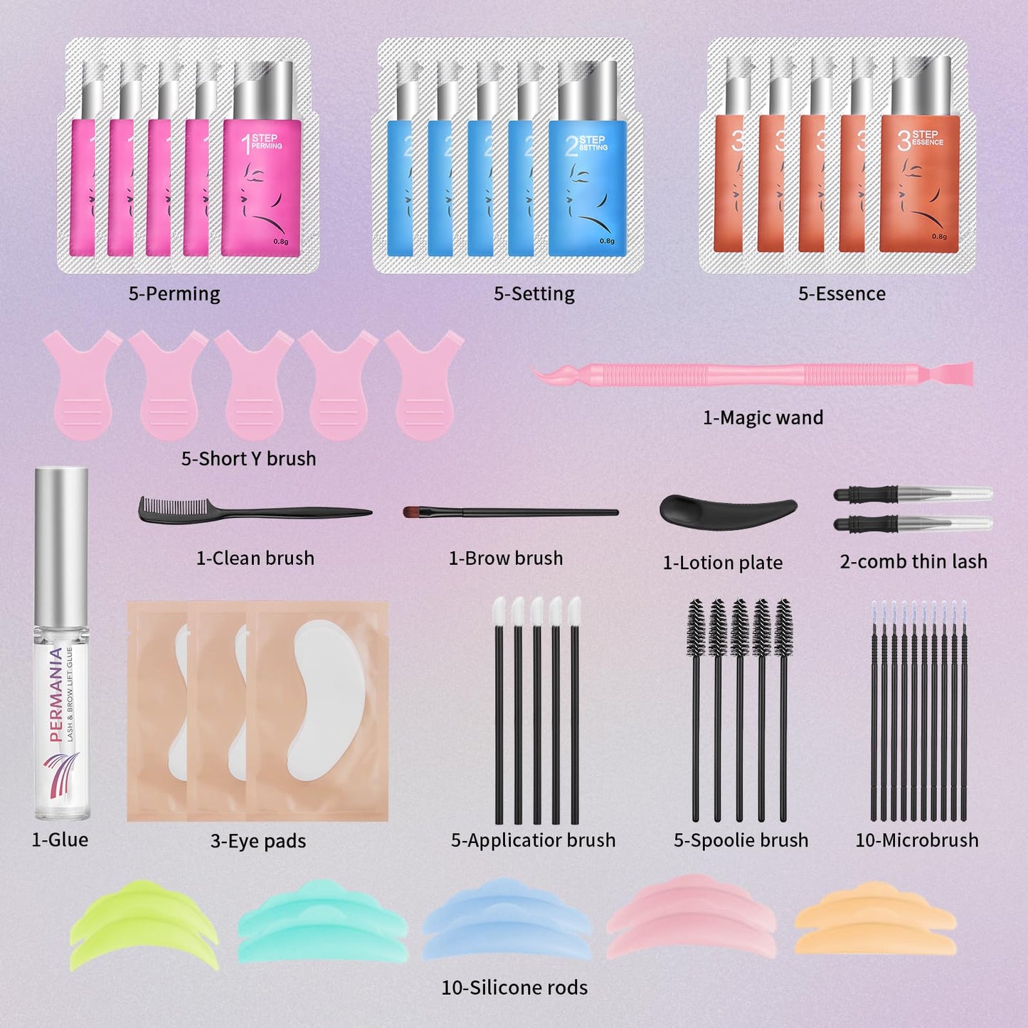 PERMANIA Lash Lift Kit, 2 in 1 Fast Eyelash Lift and Brow Lamination Kit, 5 Pcs Each Sachet, Eyelash Perming Curling Set with Complete Tools, for Salon and Home Use