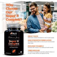 Super Vitamin B Complex - High Absorption Methylated B Vitamins with VIT C - 90 Timed Release Vegan Tablets - 3 Month Supply - B1, B2, B3, B5, B6, B8, B9 & B12 - Made in The UK - Nu U Nutrition