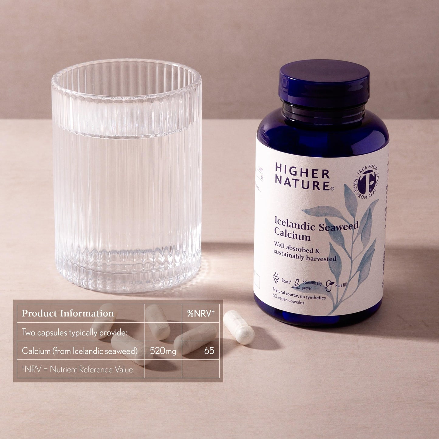 HIGHER NATURE Higher Nature - Icelandic Seaweed Calcium - True Food® - 260mg Natural Source - Clinically Proven Calcium Supplement - Supports Bones, Teeth & Digestive Enzyme Function - Dairy Free - 60 Capsules