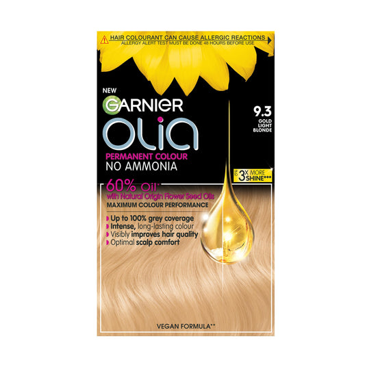 Garnier Olia 9.3 Gold Light Blonde, oil-powered, no-ammonia. 100% grey coverage. Luminous, long-lasting, vibrant gold light blonde color with exceptional shine.