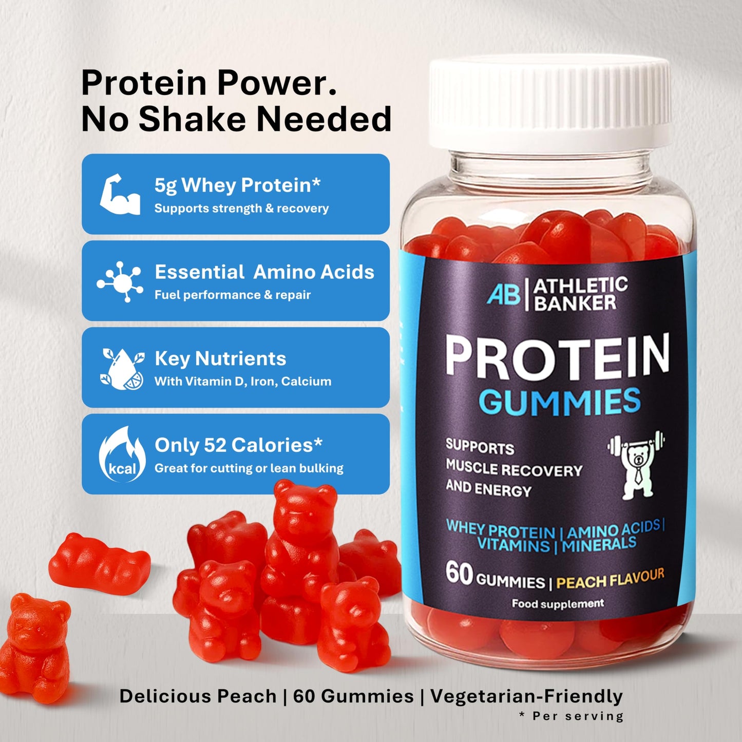 Athletic Banker Whey Protein Gummies – Peach Flavour, 5g Protein per Serving, Low Sugar – Vegetarian Protein Supplement with Amino Acids, Vitamins & Minerals for Muscle Recovery – 60 Gummies – Formulated in The UK