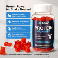 Athletic Banker Whey Protein Gummies – Peach Flavour, 5g Protein per Serving, Low Sugar – Vegetarian Protein Supplement with Amino Acids, Vitamins & Minerals for Muscle Recovery – 60 Gummies – Formulated in The UK