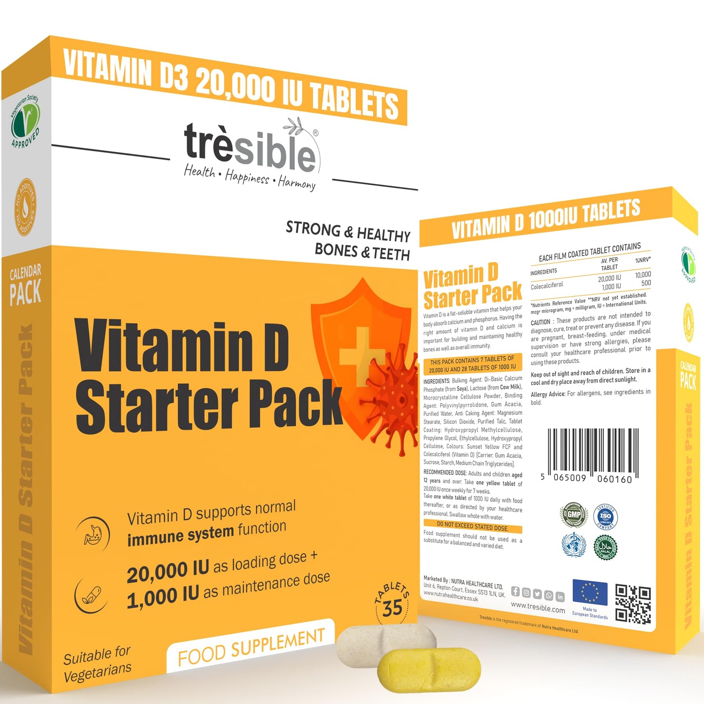 Tresible Vitamin D Tablets (5 Weeks Supply) - High Strength Vitamin D3 20000 IU Tablets to Support Immune System, Teeth, Bones, and Muscles - 35 Count Vitamin D 1000IU Tablet for Children and Adults